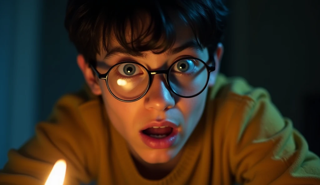 Close-up of An 18 year old young man with short black hair, piercing blue eyes and fair skin. He wears a yellow sweater with long sleeves and round glasses.’s terrified expression, his blue eyes wide as he looks toward the darkened corner of the room. The ...