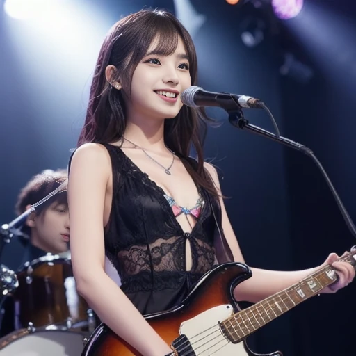 A three-member girl rock band is playing electric guitar, electric bass and singing on the stage of a live music venue. The scene is shot from a long distance, with colorful stage lights and the blurred silhouettes of the audience in the background. There ...