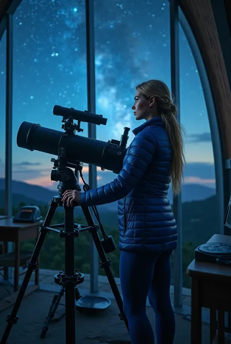  At a remote observatory in the interior of Minas Gerais ,  an astronomy technique with blond hair tied in a braid observes the starry sky through a powerful telescope .  Wearing a blue padded jacket that highlights her bulky breasts and tight thermal pant...