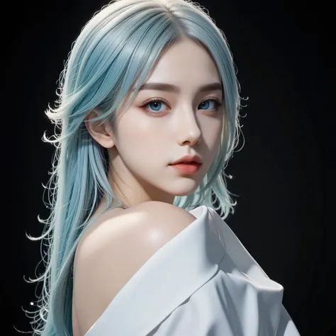 No nudity, Turning face, Unrevealing white kimono, background black, Photorealistic, High-definition CG, best image quality, 8k, HQ, Ultra Fine , Extremely detailed skin and expression , Detailed texture, super long hair with a gradation of white and ...