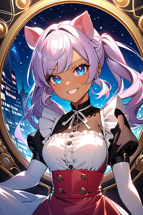 Light skin anime lady with African American skin, wearing a mask, light blue long hair in pig tails, maid outfit , night sky, artwork in the style of guweiz, anime style. 8k, style anime, ross tran style, anime style 4 k, boyl fanart, beautiful anime art s...