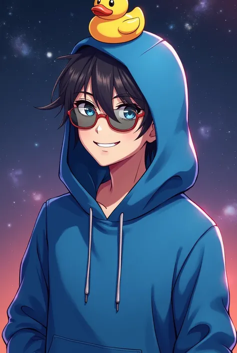 Anime young adult (26 years old) with a blue hoodie with the hood covering his eyes with a bit of shading with a rubber duck on his head.the backround is a galactic wallpaper.he is a bit smiling and a cool rubber duck theme sunglasses on his hand.he is act...