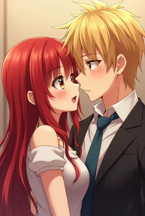 Anime girl with red hair and brown eyes and blonde anime boy with amber eyes having sex