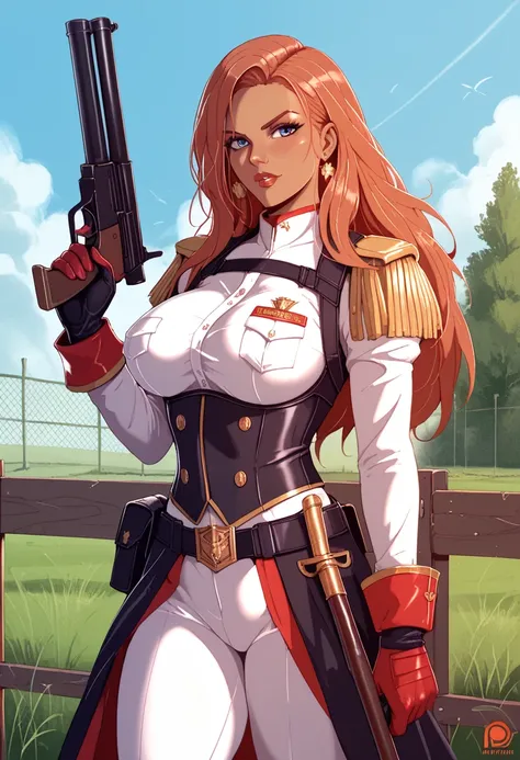 woman, solo,dark Red cavalry uniform, Musket, (Escalayer), long hair, large breasts, Take a gun and aim, Grassland and fence