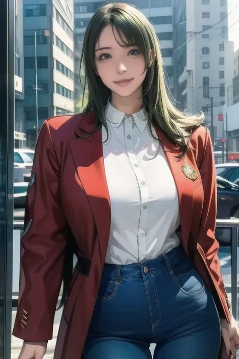 Portrait of a beautiful female model by Nathap., Georgia Fowler,    beautiful face ,    long green hair, Cyberpunk City Afternoon. She is wearing a red long coat.,    jeans negros   ,    dramatic lighting, (Police Badge:1.2)