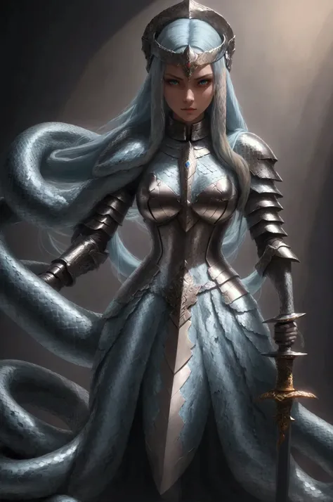 (masterpiece, best quality:1.2), a beautiful elegant woman/(sword woman,long hair,light blue hair,snake scale armor),she has rapier, dramatic light,shading and contrast