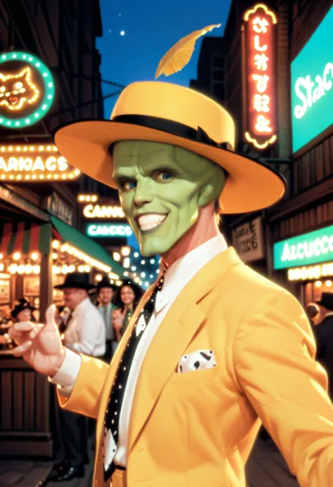 (masterpiece, best quality),A vibrant illustration of Stanley Ipkiss and his dog Milo from the movie "The Mask.",(man with a bright green skin), exaggeratedly cartoonish face, wearing a sharp yellow suit and matching fedora hat. dancing pose,,His expressio...