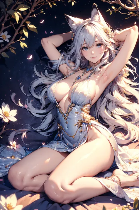  best quality　 mysterious in another dimension、 sleeping on your back in bed  、(Dutch angle!  sleeping on your back2.0！ ) ERO 1 WOMAN cute smile！smile!  gentle gaze , Beautiful eyes 、 fox ear、 fox tail、 Chest 130 Beautiful Constriction 、waist line、美Fresh s...