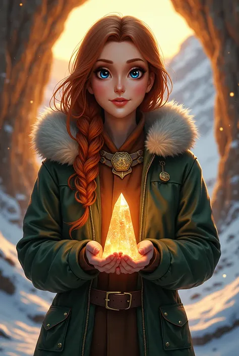 Aria stands at the entrance of the glowing cave, holding a radiant crystal shard in her hands. Her auburn braid cascades over her fur-lined hood, and her green leather jacket glints faintly in the light. The snowy mountain slopes stretch behind her, bathed...