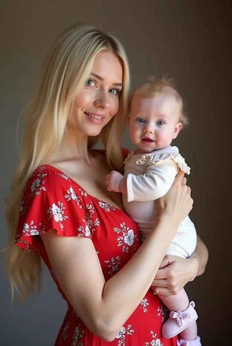  a white woman ,  of long blond hair , Wear a beautiful flowery red dress. no color,  hold your 6-month-old daughter , A little white baby , baldy, chubby,  with bright blue eyes.  The little one wears a jumpsuit and delicate knitting shoes, With an enchan...