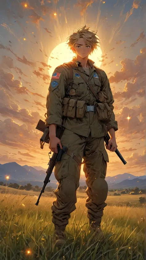   anime style, Imagine a young American soldier at the center of the image,Very wide view ,  full body shot,behind,  looking at the horizon , in A serene landscape transits gracefully from morning to evening.  The golden sunrise casts long, soft shadows ac...