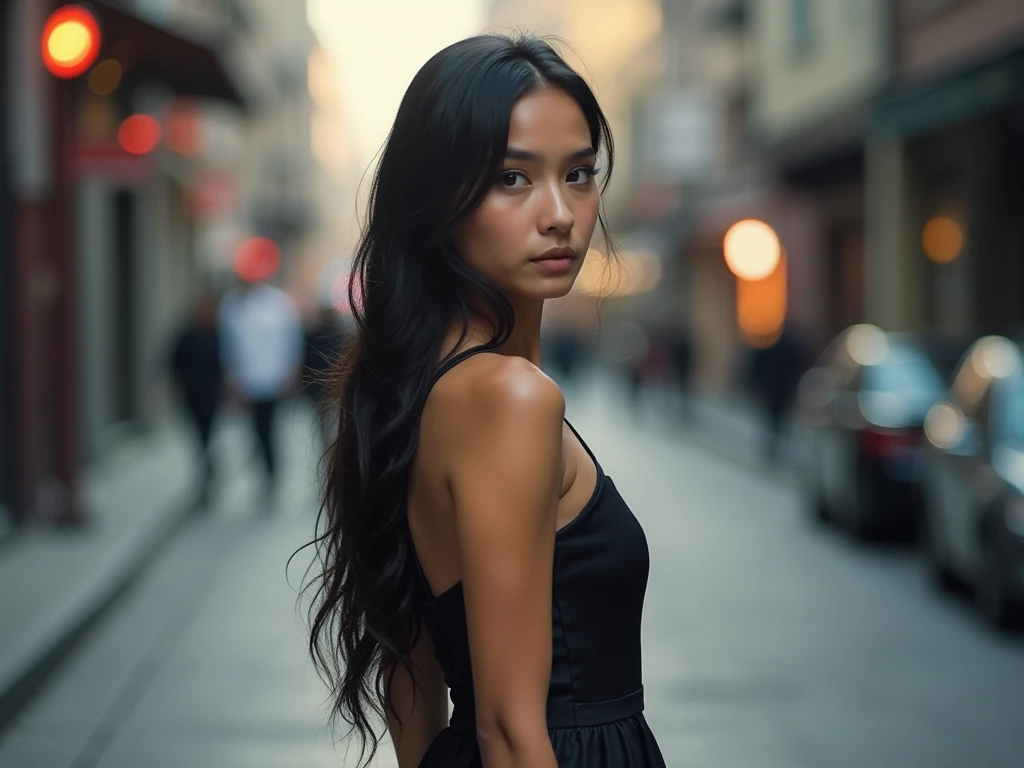 photo prise de loin d'une femme avec des fesses bien former de dos seule dans la rue avec une tenue de soiree belle brune cheveux long tete d'enfant avec un visage d'enfant sans arriere plan flou