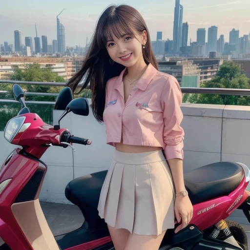 A woman, legs together, riding a red Honda scooter, wearing layers of clothing, a pink blouse and a break cream suit and skirt, with a big city skyline in the background, a frontal perspective, the vibrant cityscape is vividly depicted, highlighting the gl...