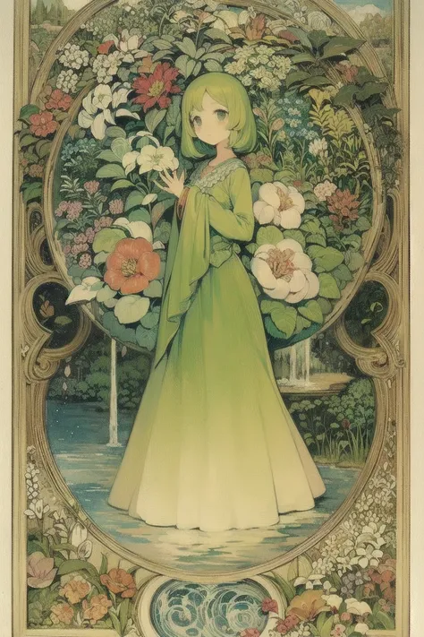 Mucha art deco style, Plant and tree design、1 woman, Watercolor,  spring, lac34rmor, (fox, from front), chibi, flat color,