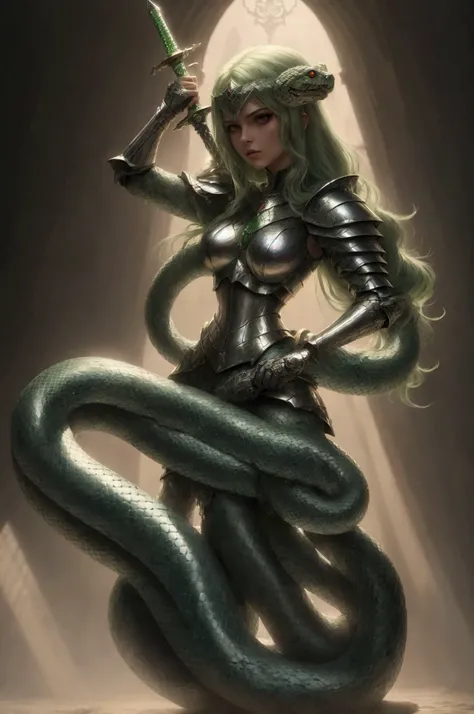 (masterpiece, best quality:1.2), a beautiful elegant woman/(sword woman,long hair,light green hair,snake scale armor),she has rapier, dramatic light,shading and contrast