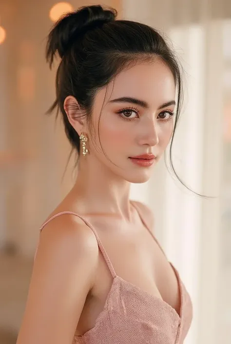 Photorealistic portrait of ((Mai Davika Hoorne)) a breathtakingly beautiful woman in a sheer pink dress, elegantly wet, subtle outlines enhancing her silhouette, pokies nipple, large breasts, perky tits, ample chest, impressive cleavage, perfect body, hour...