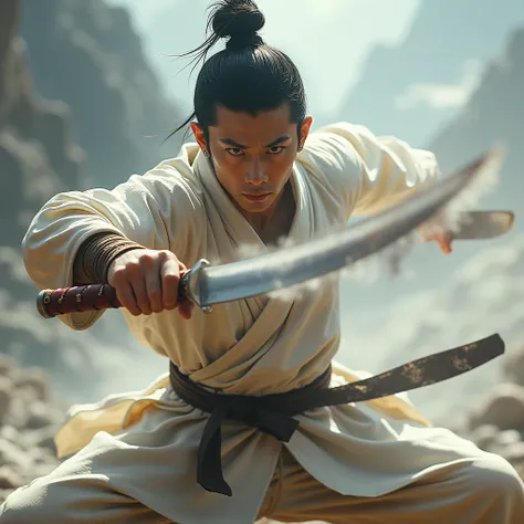 A male martial artist performing a powerful slice blade in air,epic