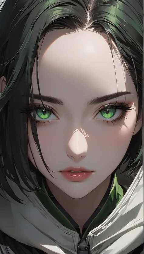 Beautiful green eyes 、Small lips、 black hair、 short bob hair、