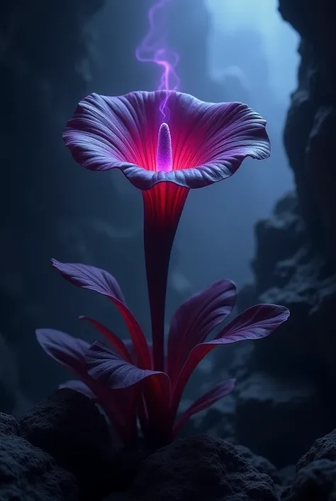 Purple petals,black leaf veins,Red stems and leaves,Darken the color in the center of the flower, emits the red part,plant,fog-like effect, purple aura-like effect, Dark Cave