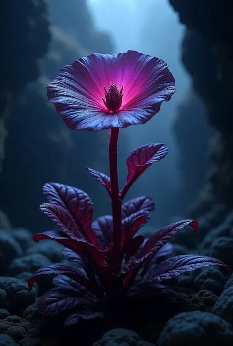 Purple petals,black leaf veins,Red stems and leaves,Darken the color in the center of the flower, emits the red part,plant,fog-like effect, purple aura-like effect, Dark Cave