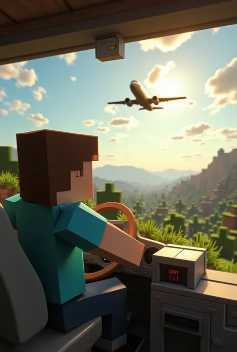  Minecraft Steve drive to Aeroplane   in sunlight Realistic version 