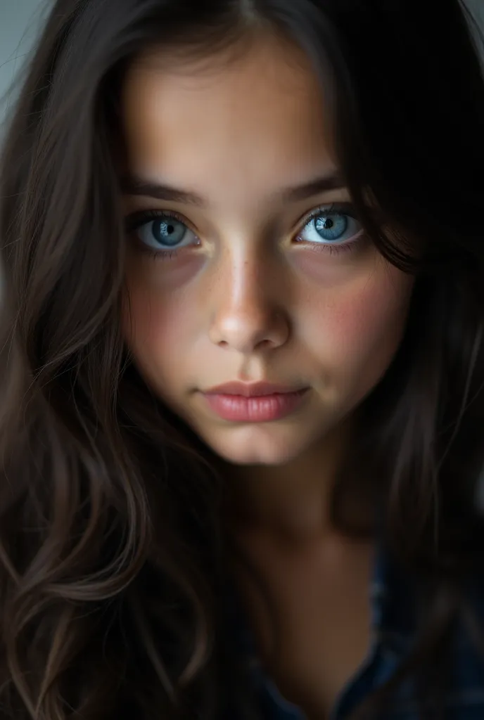  The photo shows a girl with long dark hair and expressive facial features. She has big blue eyes,  accentuated by ,  well-groomed eyebrows and sensual lips ..  The light is soft and natural ,  which gives the picture intimacy and warmth . 