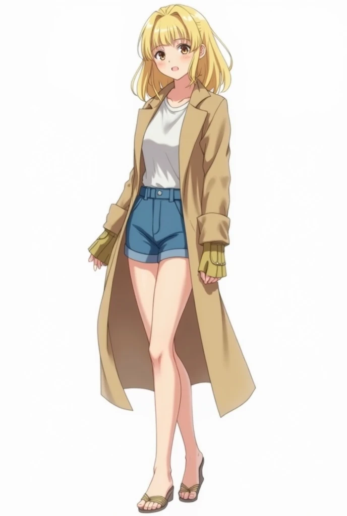  I want a woman ,  blond hair, Back-length hair, A Cyberpunk outfit , beige coat, blue short shorts,  fair skin , a sandal open at the feet,  light brown eyes , in anime, Bottomless, Or white background