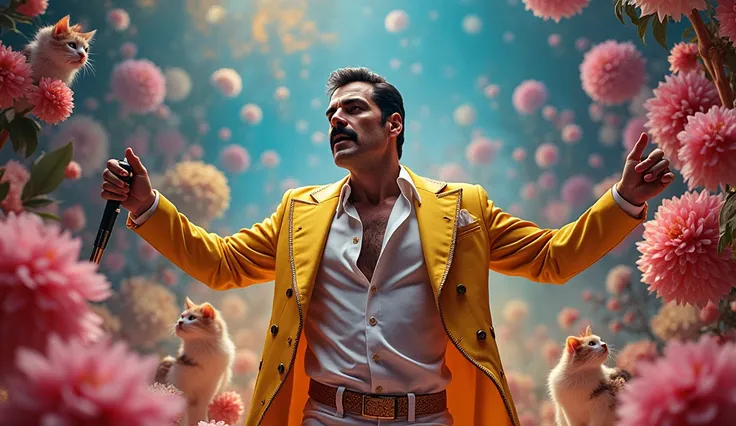 British singer-songwriter Freddie Mercury singing with cats Rock clothes Flowers blooming Random places Music poster style Optical illusion of bright colors Ultra-high quality Perfect composition Hyperrealistic, splash art, concept art, mid shot, intricate...