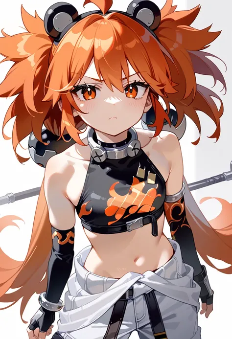 score_9_consolation,score_8_consolation,score_7_consolation, alone, zero_kb,Twin tails, orange hair,  Fingerless Gloves ,bracelet,, metal collar ,bracelet, in Tokyo, orange abdomen ,white pants, single elbow gloves ,  looking at the viewer , orange eyes , ...