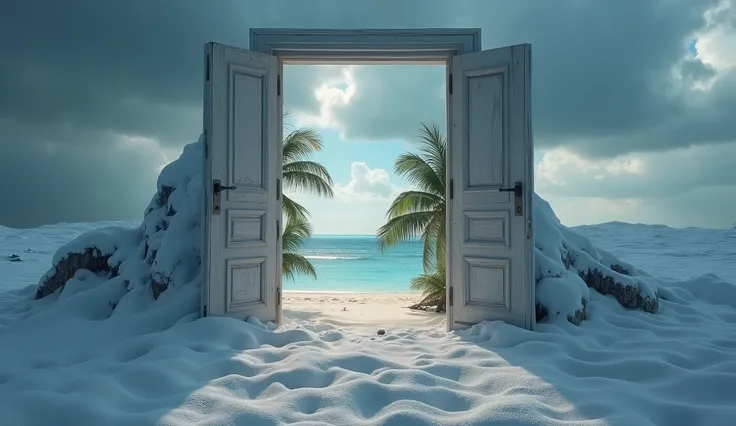 Surreal cinematic Image. a frozen toundra under a dark cloudy sky.In the middle, a lonely standing large door is open. This is a door to another dimension. Only inside the frame of the door, the viewer can see a totally different landscape: the wand beach ...