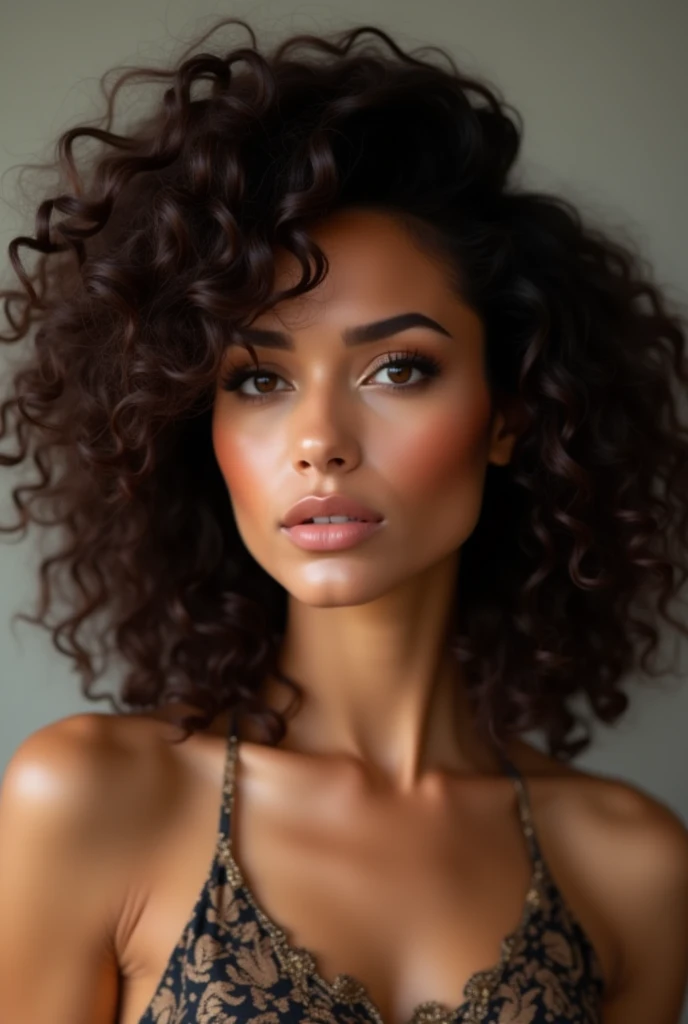 A very attractive and striking white woman, with European features. Her hair is wavy, voluminous and curly, in a rich chocolate tone. His face is beautifully sculpted, with expressive eyes framed by perfectly curved eyes. Her nose is thin and slightly roun...