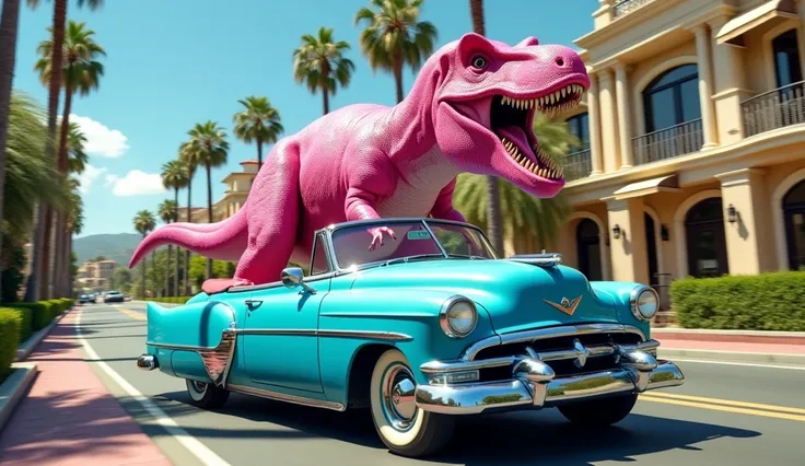 pink t rex driving convertible powder blu car  in Beverly Hills, ultra realistic 8k professional photo masterpiece eye-catching vivid colors making strong contrasts 