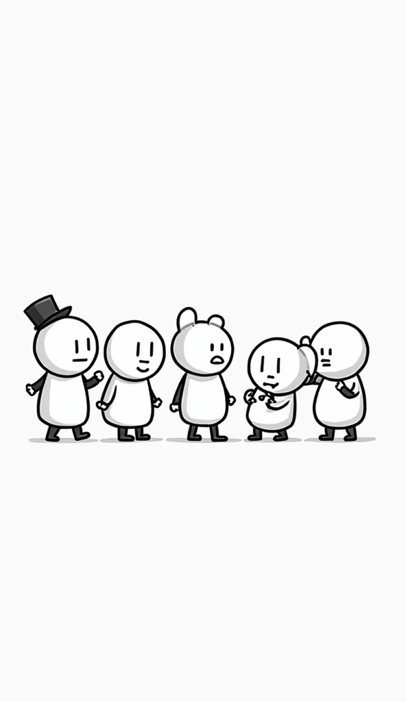 Instagram video characters in line art style,  black and white , with a circular head and members of a line