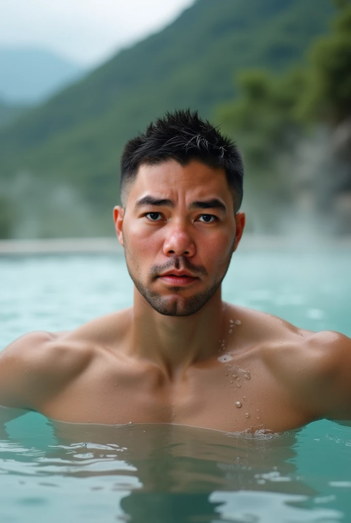 A muscular Asian young hunk with ultra-short hair， face close-up，Soak in the hot springs，