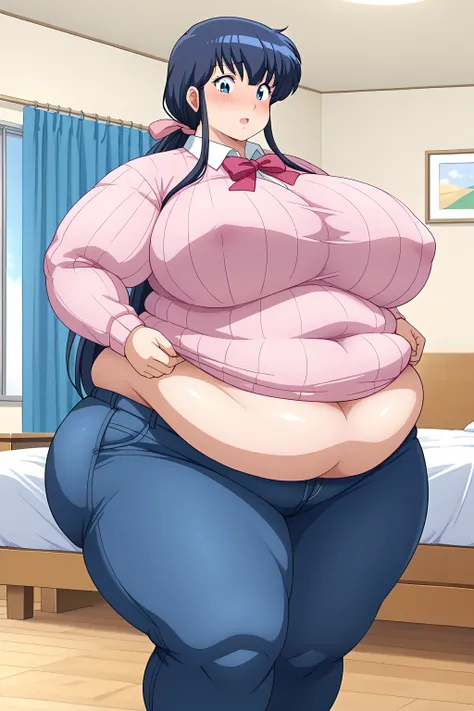 Otonashi Kyoko, long hair、紺色の髪、low ponytail,pink ribbon for hair decoration、Dark blue eyes、 pink sweater 、Blue jeans 、white shirt, collared shirt,gigantic breasts,enormous breasts,Sloppy belly fat,bedroom, troubled expression, embarrassed expression ,blush...