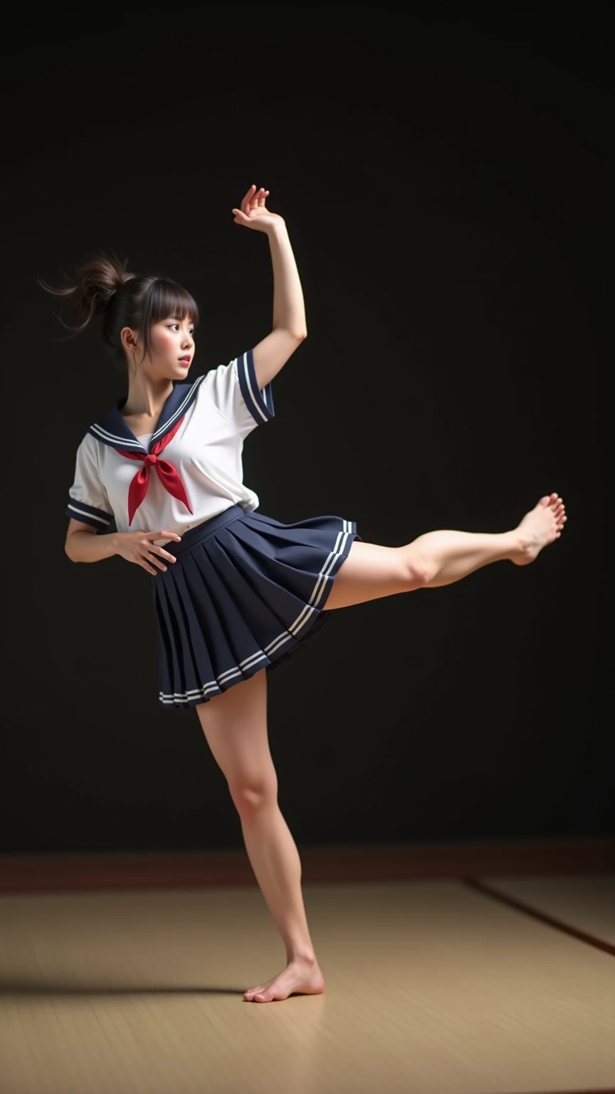 (8K, Raw photo, image quality, table top: 1.2), (realistic, Photoreal: 1.37), realistic depiction. A Japanese woman is wearing a sailor uniform She is wearing a slightly long pleated skirt of the same color as the uniform over pink underwear. She has Messy...