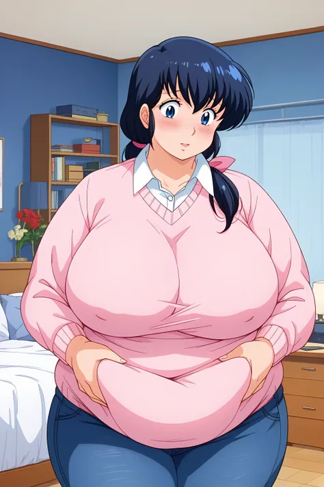 Otonashi Kyoko, long hair、紺色の髪、low ponytail, pink ribbon for hair decoration、Dark blue eyes、 pink sweater 、Blue jeans 、white shirt, collared shirt,clavicle,gigantic breasts,enormous breasts,Sloppy belly fat,bedroom, troubled expression, embarrassed express...