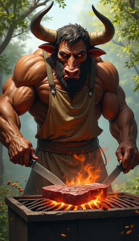 Taurus with apron, knife and fork in hand, Roasting delicious steak on the grill