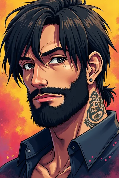 Avatar of a man with a beard, straight hair and an earring tattooed in the ear, anime style