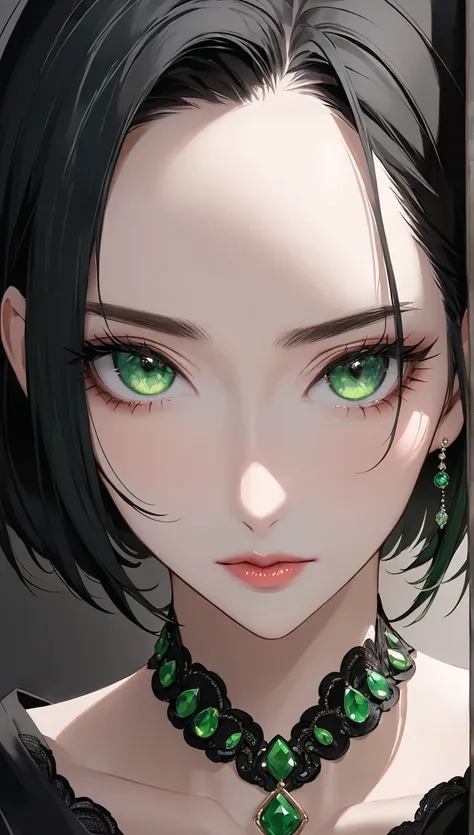 Beautiful green eyes 、Small lips、 black hair、 short bob hair、The clavicle is visible、Luxury with a delicate head、Mature look、 Anne Nuit、No clothes、I'm not wearing an accessory、