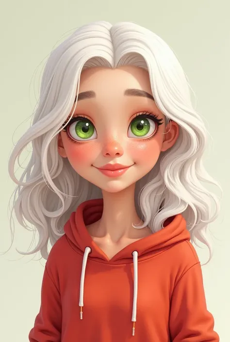 A cartoon image of an adult woman has very fair skin with wavy white mis-long hair, with green eyes, with freckles and a red hoodie