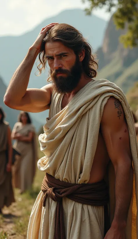  Create a young man , white, handsome,  of hair up to the ears , brown color and beard , vestido de túnica blanca biblical times style, style tunic with one hand on the head of a man who can see sores on his body and face, Who is dressed in a brown tunic,b...