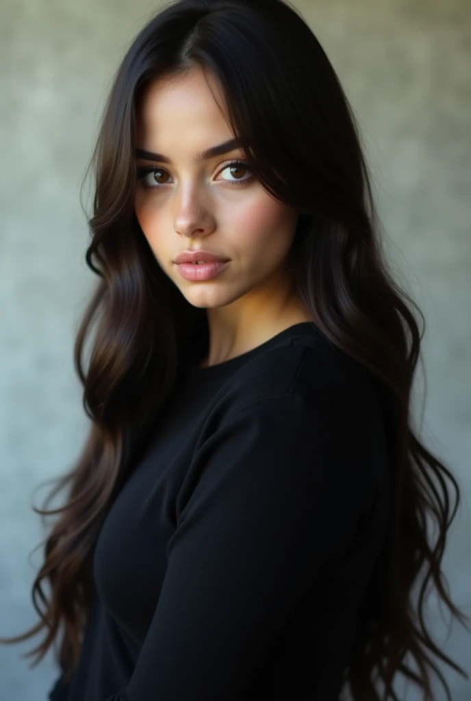  This photo shows a girl with long dark hair , falling on the shoulders.  She has an expressive face with an accent on her eyes thanks to makeup, emphasizing their shape ,  outfit and natural lips with a slight sheen .  She is wearing a black tight ,  that...