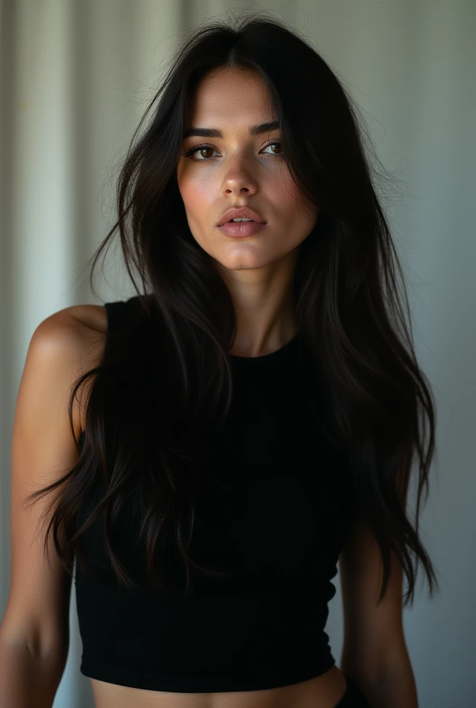  This photo shows a girl with long dark hair , falling on the shoulders.  She has an expressive face with an accent on her eyes thanks to makeup, emphasizing their shape ,  outfit and natural lips with a slight sheen .  She is wearing a black tight ,  that...