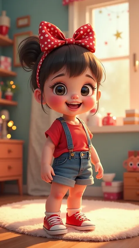 a very cute baby wearing denim shorts and a red top, with a red bow on her head and red sneakers, the Scenario is a decorated room