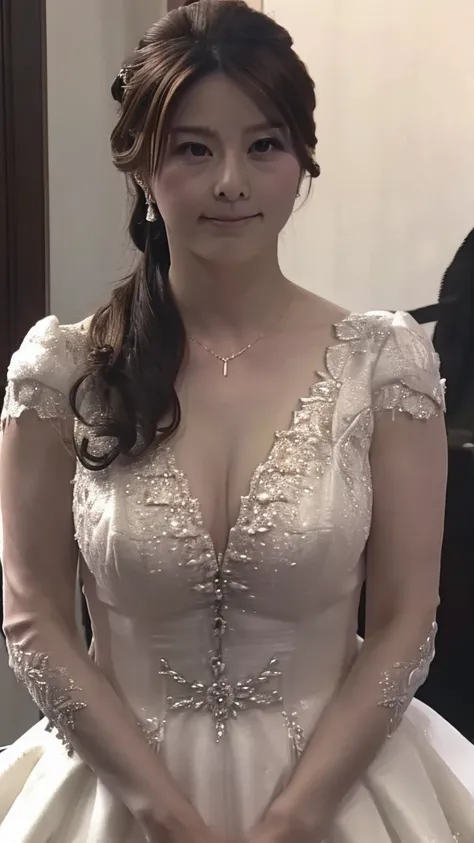 8K quality、   Ultra-Fine、  realistic、 best quality、  symmetrical eyes 、 Dark Eyes、whole body、huge breasts:10.0、Show off your breasts、 Big Breasts 、cleavage、 Wedding Style、 wedding dress、 long legs 、Three-dimensional breasts、corpulent、wide hips