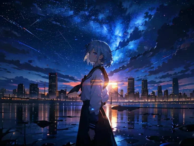 (woman\(*******, *********, ＪＫ,  short silver hair floating , Space-colored eyes ,  school black uniform ,  blue-white skin,  A tired face with no shine in the eyes \)  looking up at the sky ), (Many goldfish are swimming in the air), Beautiful sky, Beauti...