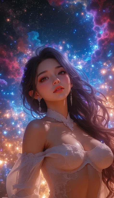  high detail,  more details,  super high definition,  A girl having a great time in the galaxy of her dreams , Surrounded by stars, The warm light that shines on her,  background is a starry sky with colorful galaxies and galactic clouds, The flying stars ...