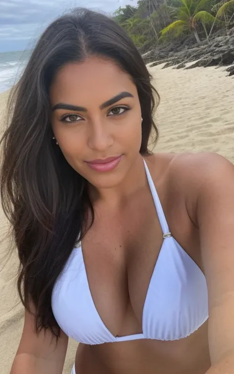    A beautiful Brazilian girl    ,   big boobs, on the realistic beach  ,   ultra realistic details  , realistic decoration   , nature of real life, very detailed, 20 years,    black eyes,    best quality,      complex and with a high level of detail   , v...