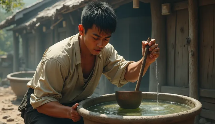 young Asian man taking water from a basin with a ladle looking tired